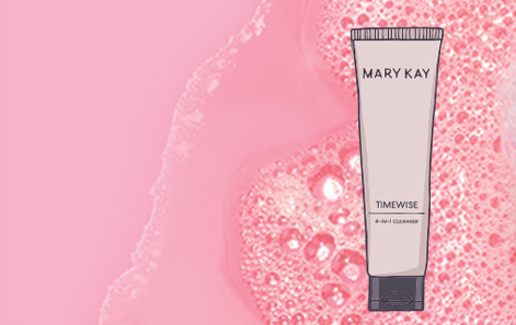 An illustration of facial cleanser on a pink background with bubbles