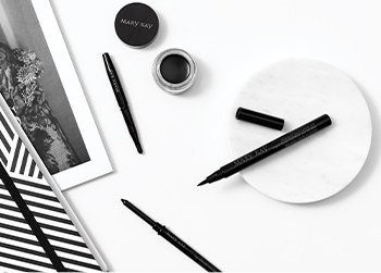 A flat lay of Mary Kay Waterproof Eyeliner, Waterproof Eyeliner Pen and Gel Eyeliner
