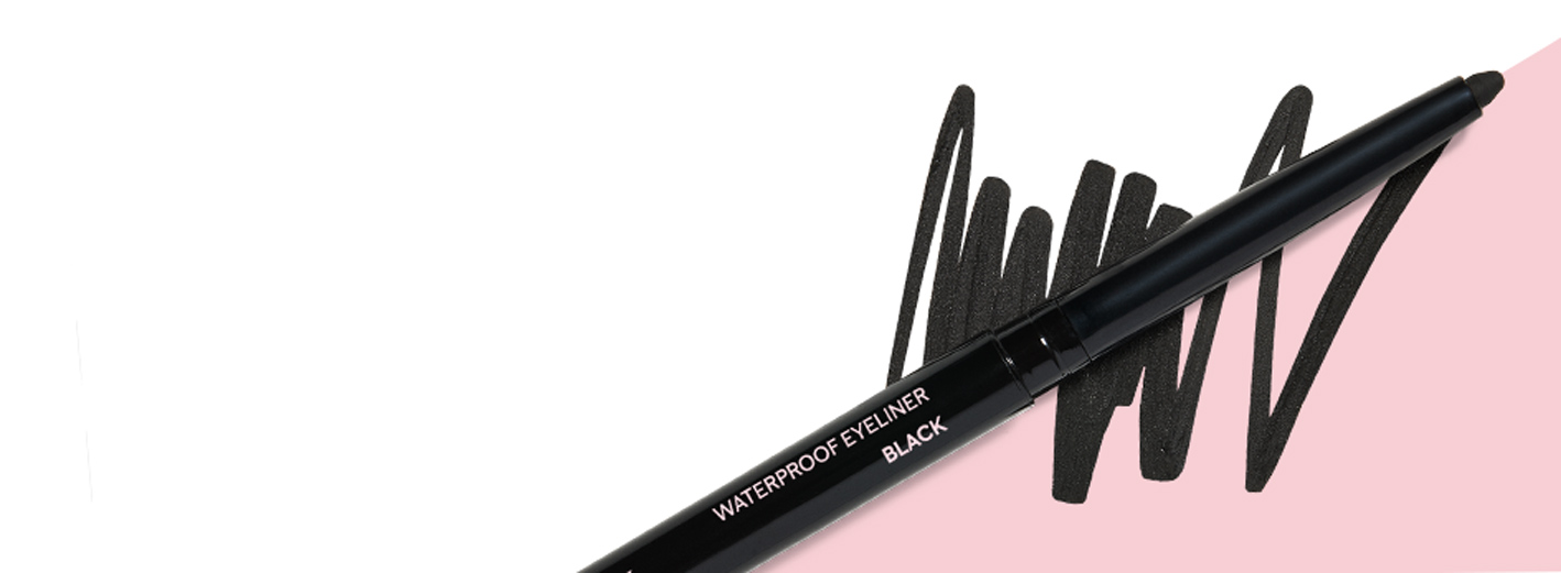 Mary Kay Waterproof Eyeliner in Black on a white and pink background
