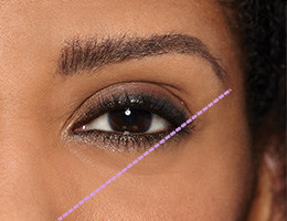 Extreme close-up of model with bold brows and dotted line showing where to find your brow tail
