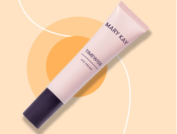 Mary Kay TimeWise Age Minimize 3D Eye Cream in front of two-toned orange circle