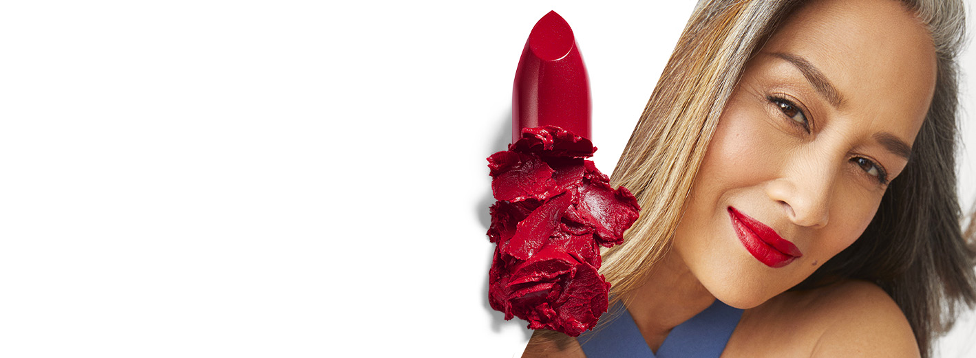 Mary Kay Gel Semi-Shine Lipstick in Red Smolder and model wearing The Scarlet Smolder makeup artist look from Mary Kay