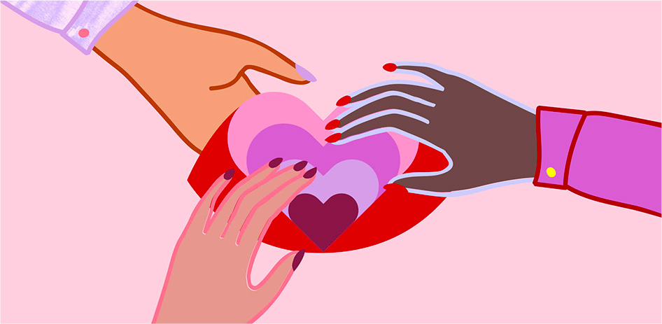 Three diverse, illustrated hands reaching into the center of the Mary Kay Your Potential Is Our Purpose radiating heart and lips graphic.
