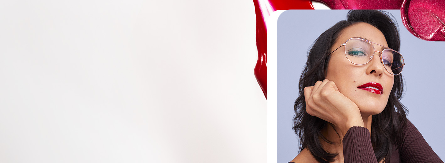 Model wearing glasses and The Reimagined Red Lip Mary Kay Makeup Artist Look