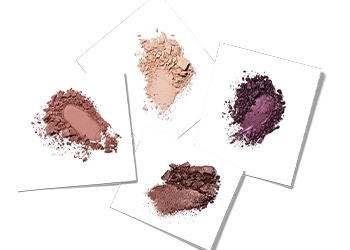 Four eyeshadow rubs in nude, purple, pink and brown on white square backgrounds.