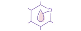 Purple and pink ingredient illustration representing hyaluronic acid with a water droplet in the middle