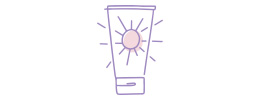 Purple and pink illustration representing a sunscreen tube with a small sun on the bottle