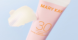 Mary Kay® Mineral Facial Sunscreen SPF 30 on a light blue background with an SPF product rub