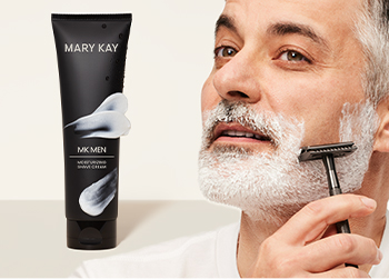 A mature man shaving his beard pictured next to MKMen Moisturizing Shave Cream